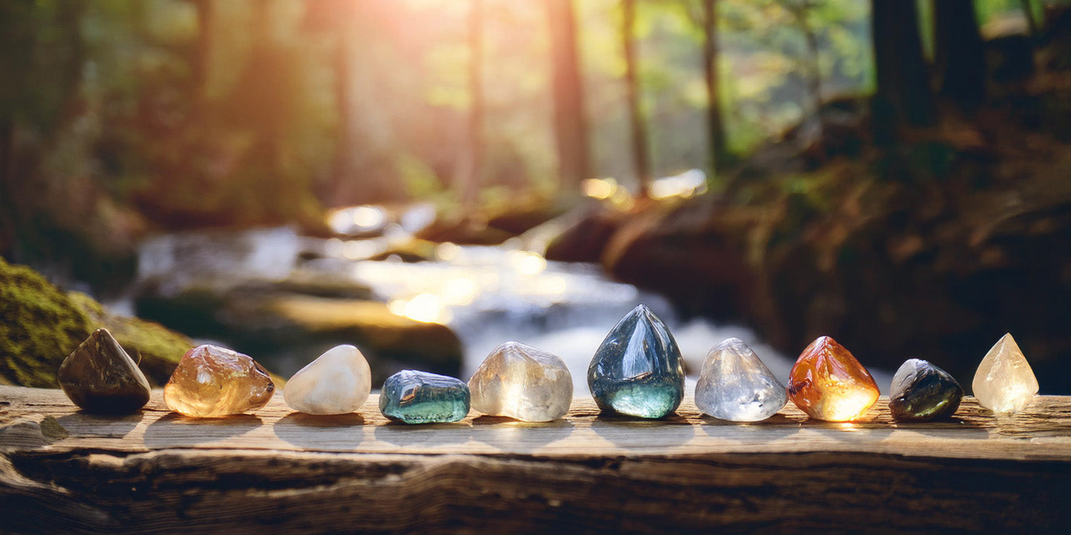 Explore nature-inspired healing crystals jewelry in a tranquil forest setting, perfect for holistic well-being and spiritual growth.