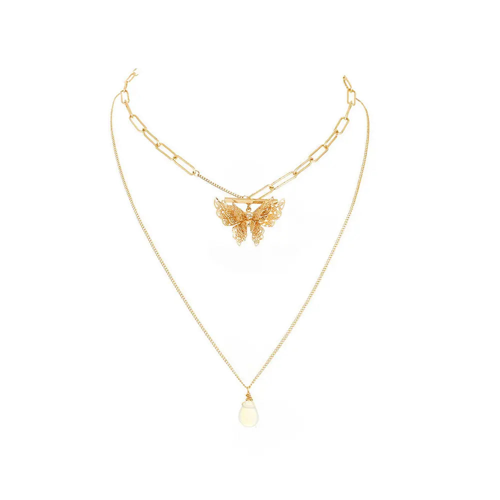 Elegant Gold Layered Necklace with Butterfly Pendant Gems Ritual