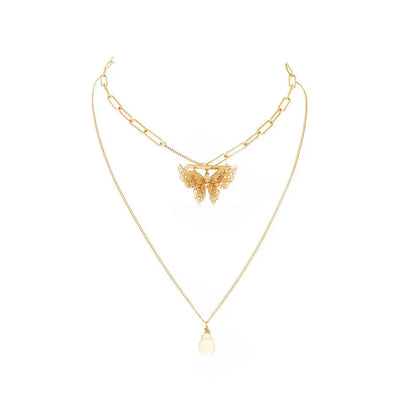 Elegant Gold Layered Necklace with Butterfly Pendant Gems Ritual