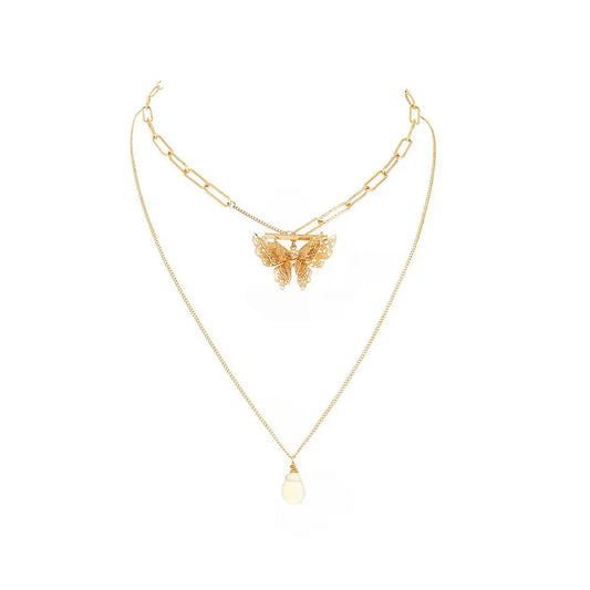 Elegant Gold Layered Necklace with Butterfly Pendant Gems Ritual