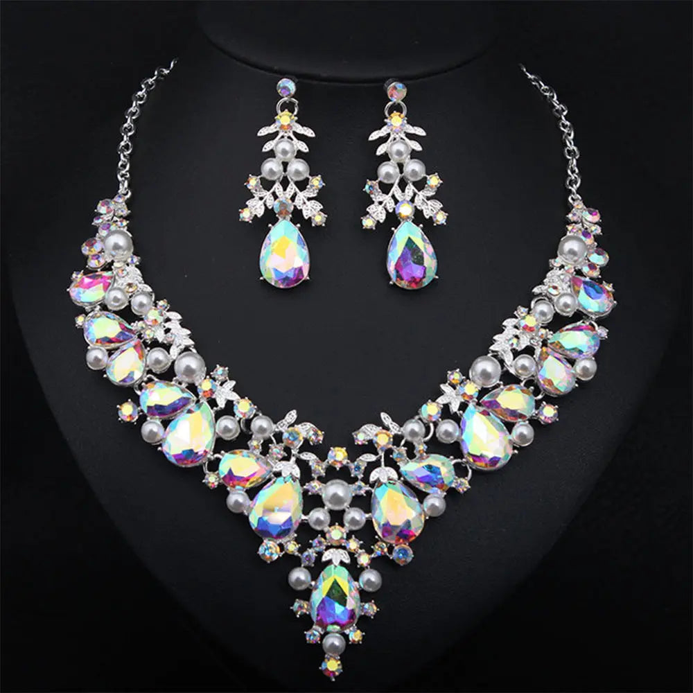 Opulent Crystal Pearl Necklace and Teardrop Gemstone Necklace Set Gems Ritual