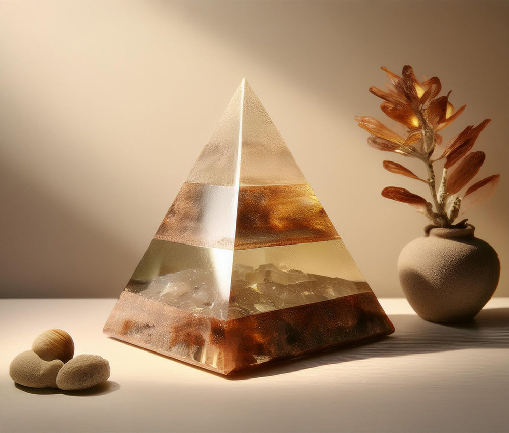 Orgonite piece on a neutral background, showcasing its layered design and use in improving energetic flow and well-being.