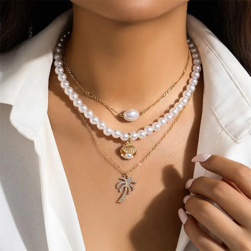 3-Piece Set of Starfish Shell Pearl Necklace Gems Ritual