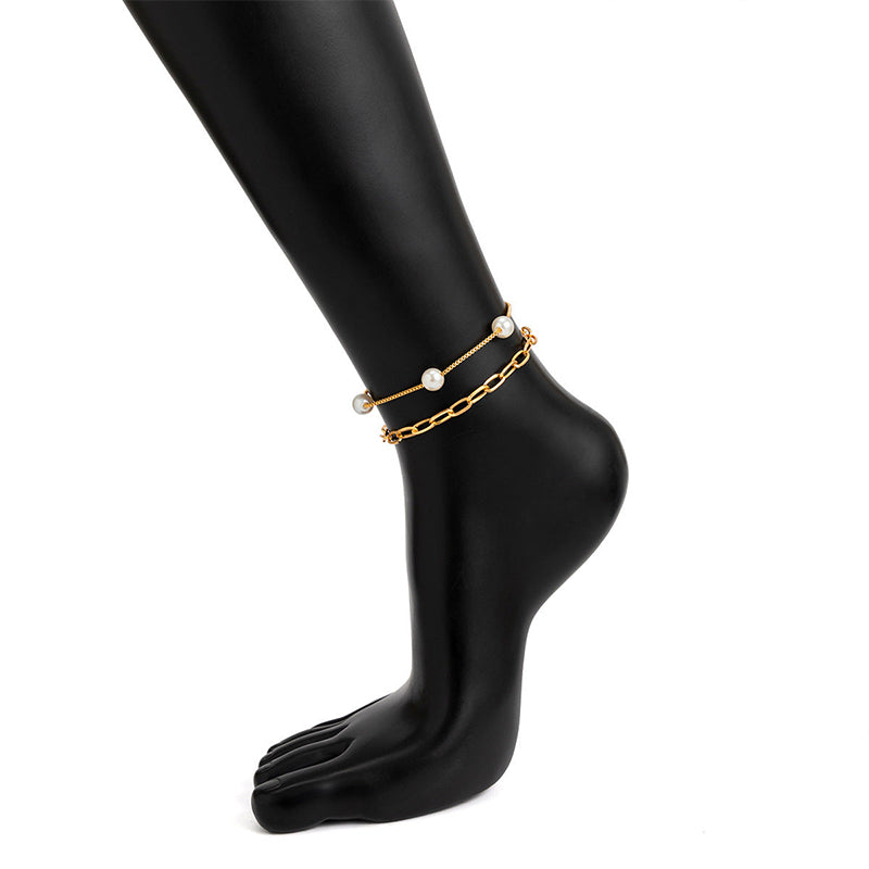 Elegant Gold Plated Adjustable Anklet Set with Artificial Pearls Gems Ritual