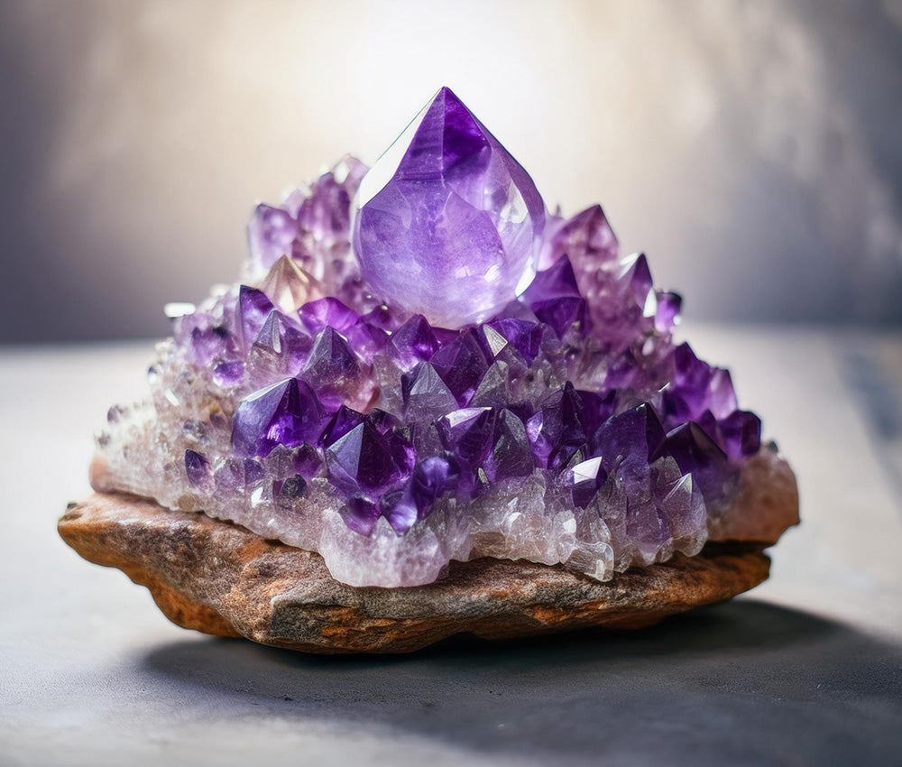 Amethyst crystal associated with the Crown Chakra, enhancing spiritual connection, intuition, and higher consciousness for enlightenment and unity.