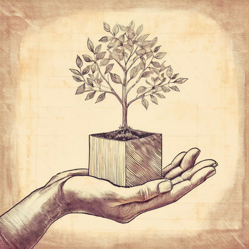 Hand holding a small tree growing from a cube, symbolizing tree planting with every order