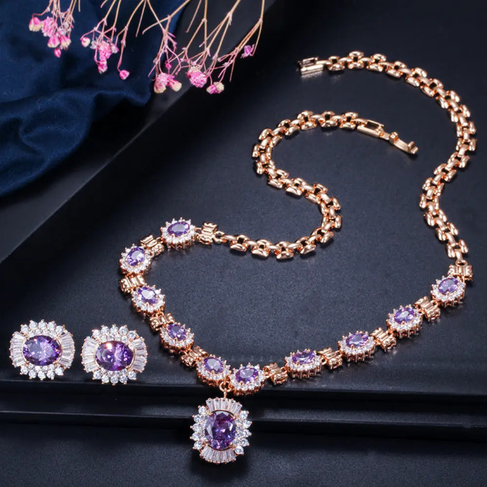 Elegant Luxury Retro Necklace and Earrings Set with Sparkling Zircon Stones Gems Ritual