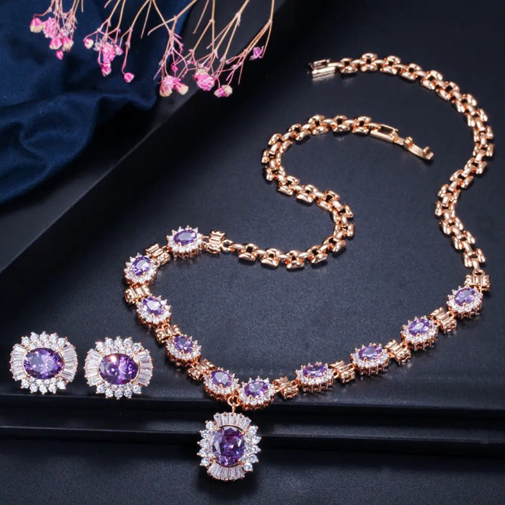 Glamorous Retro Jewelry Set: Zircon Necklace with Matching Earrings - Gems Ritual