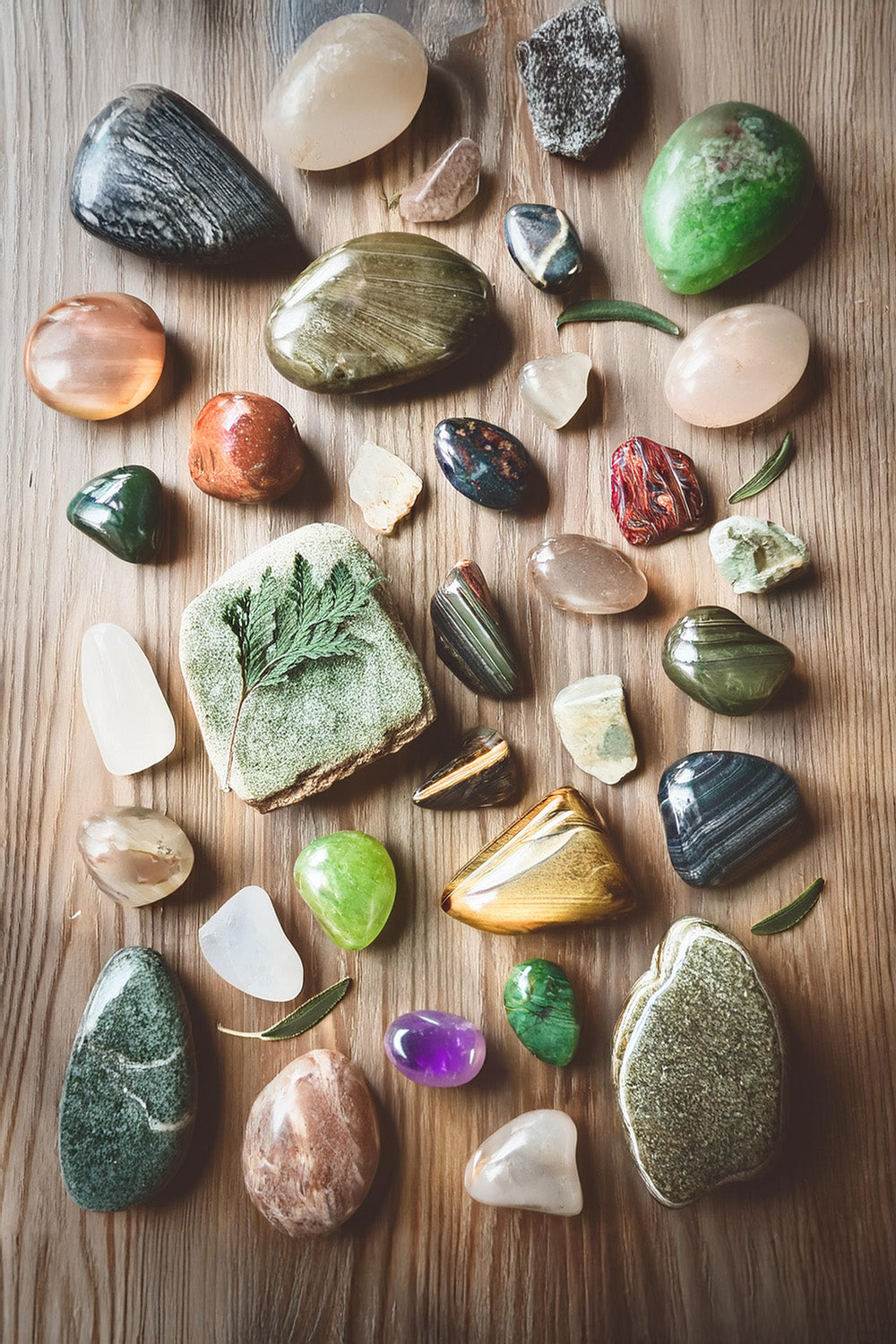 Raw and polished gemstones displayed with subtle natural elements, symbolizing energy balance and connection to nature.