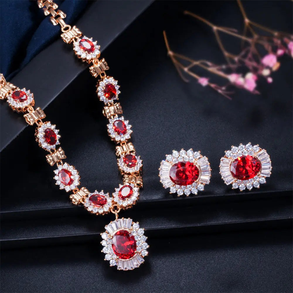 Elegant Luxury Retro Necklace and Earrings Set with Sparkling Zircon Stones Gems Ritual