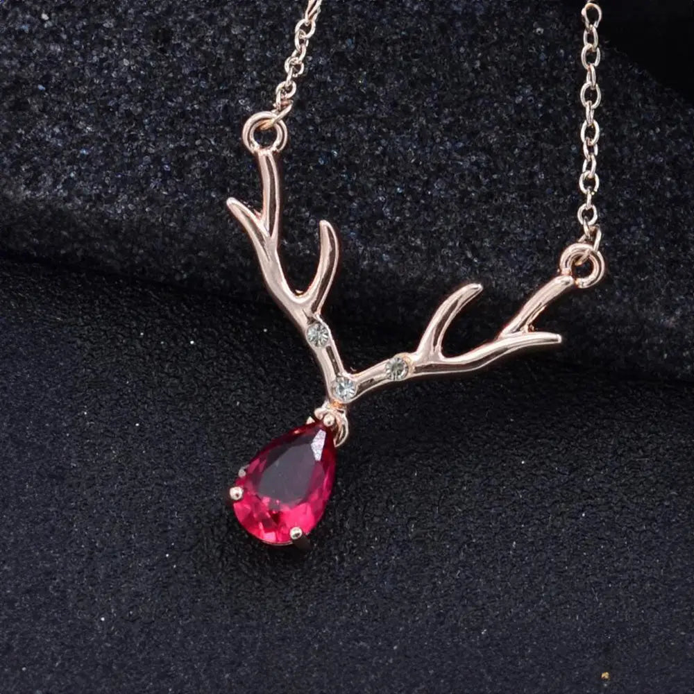 Zircon Antler Pendant Necklace – Teardrop Design in Silver or Rose Gold - Gems Ritual