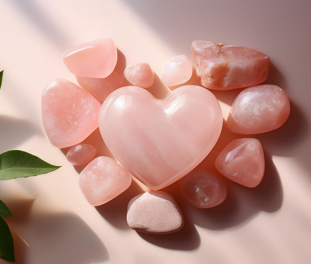 Rose quartz stones on a smooth background, highlighting their connection to the Heart Chakra and promoting love, compassion, and emotional balance.