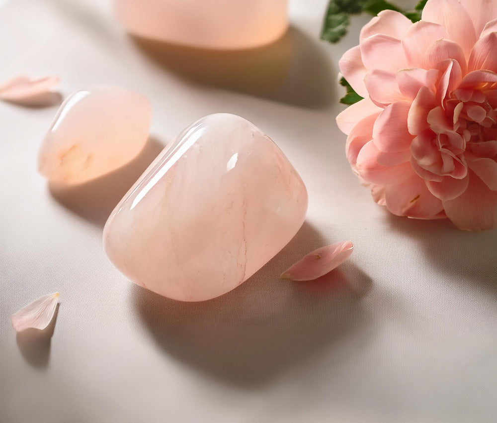 Rose quartz stones on a neutral surface, symbolizing love, healing, and their historical significance in beauty and emotional well-being.