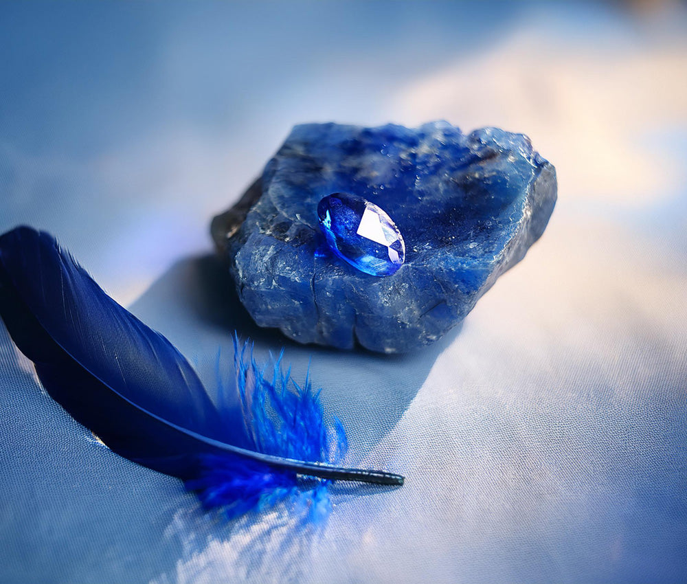 Sapphire stones on a deep blue background, symbolizing wisdom, divine favor, and their historical use in royalty and religion.