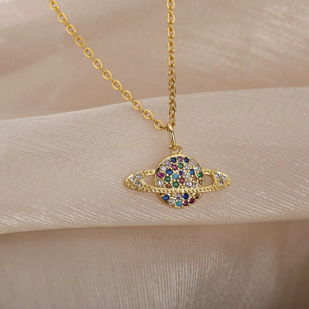 Micro-Set Zircon Necklace – Cosmic Multicolored Jewelry with Gold Finish Gems Ritual