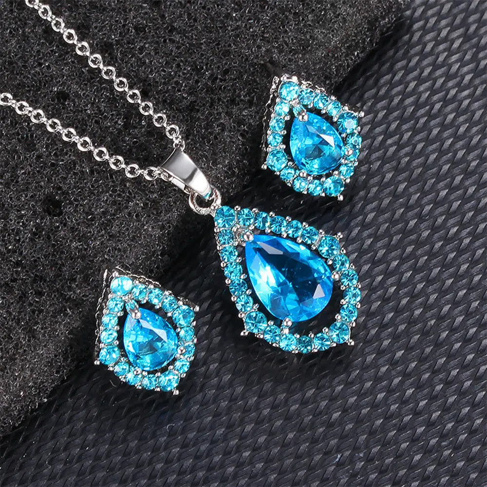 Sea Blue Zircon Stones Wedding Necklace Set with Earrings Gems Ritual