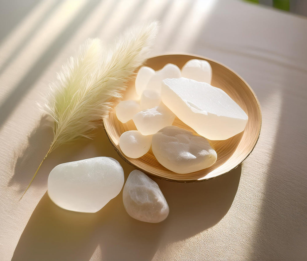 Selenite stones on a neutral background, highlighting their connection to the Crown and Third Eye Chakras for intuition and spiritual awareness.