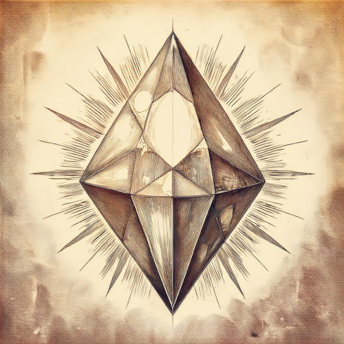 Vintage crystal gemstone illustration radiating light, representing serenity and healing through stones