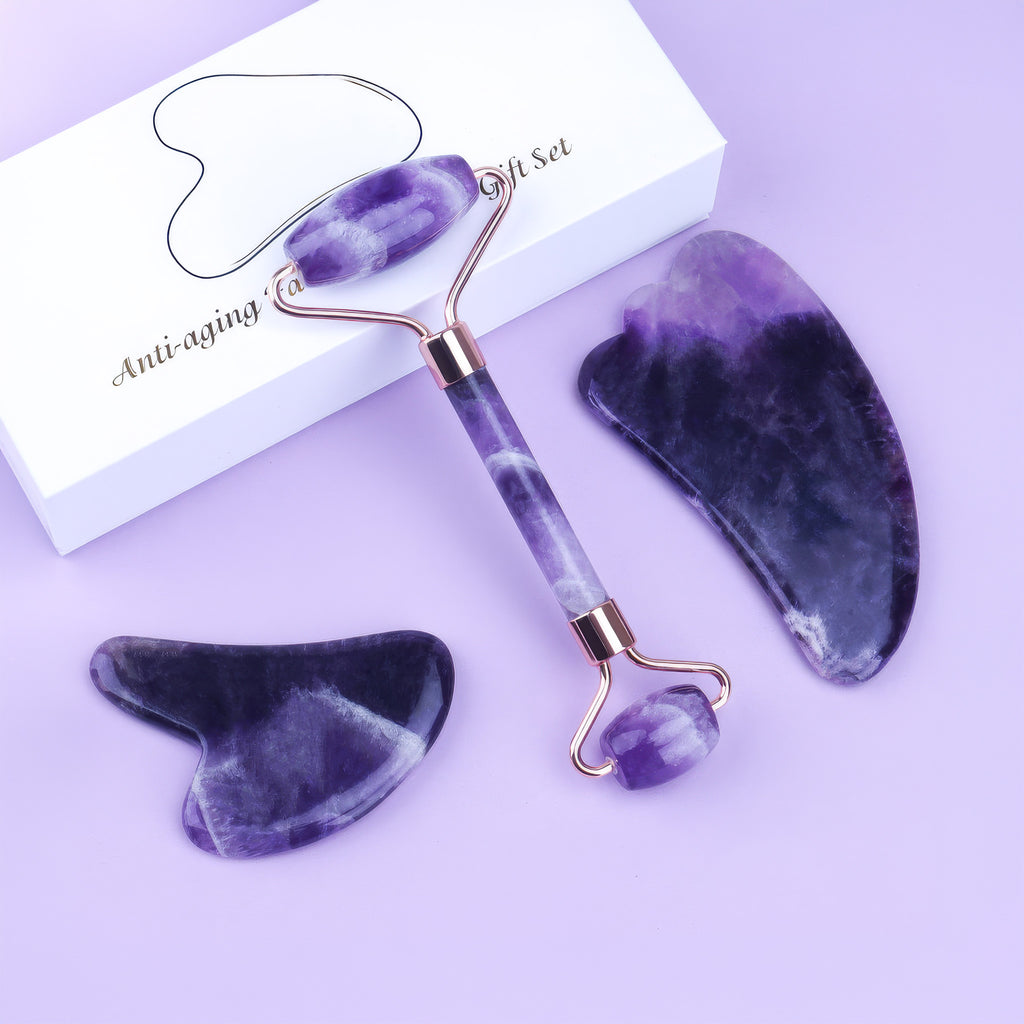 Premium Amethyst Face Roller & Scraping Tool Kit Gems Ritual