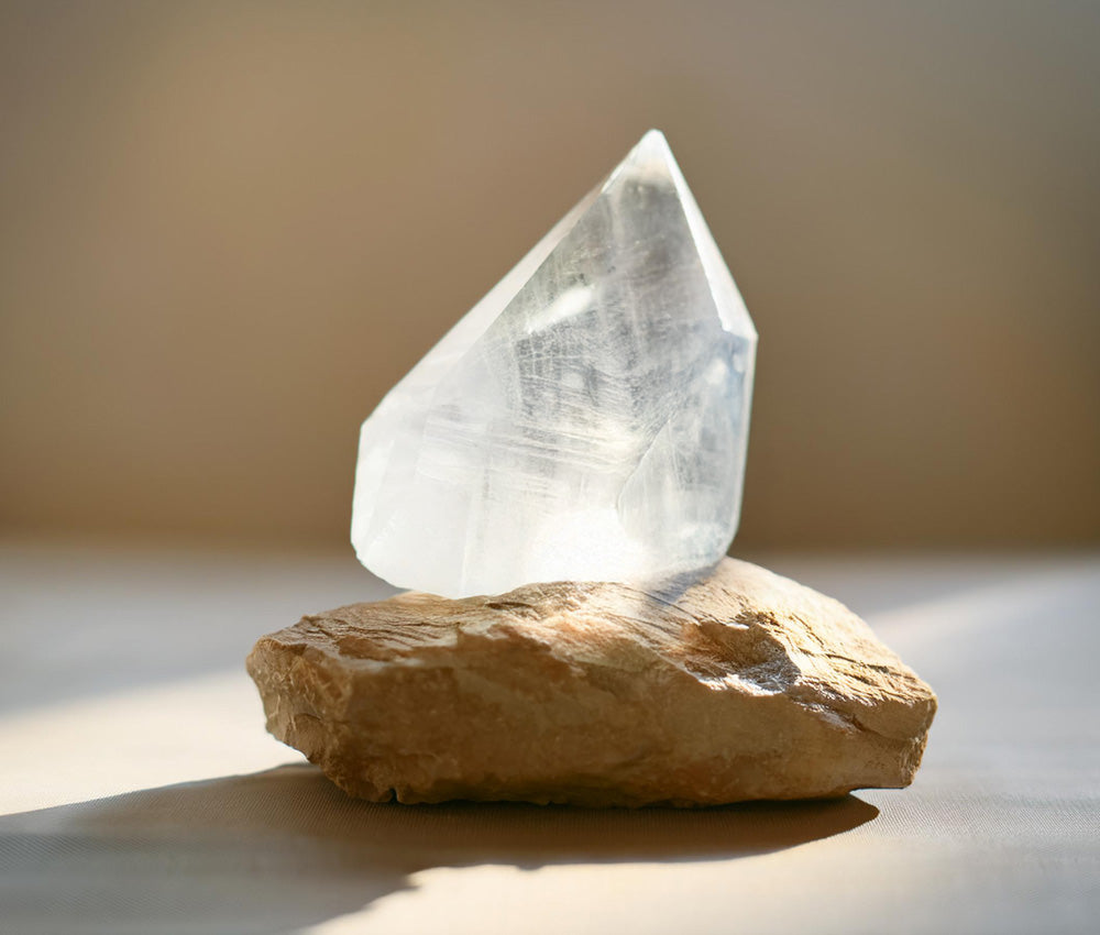 Rock crystal stones on a neutral background, highlighting their connection to the Crown Chakra and promoting spiritual awareness and higher consciousness.