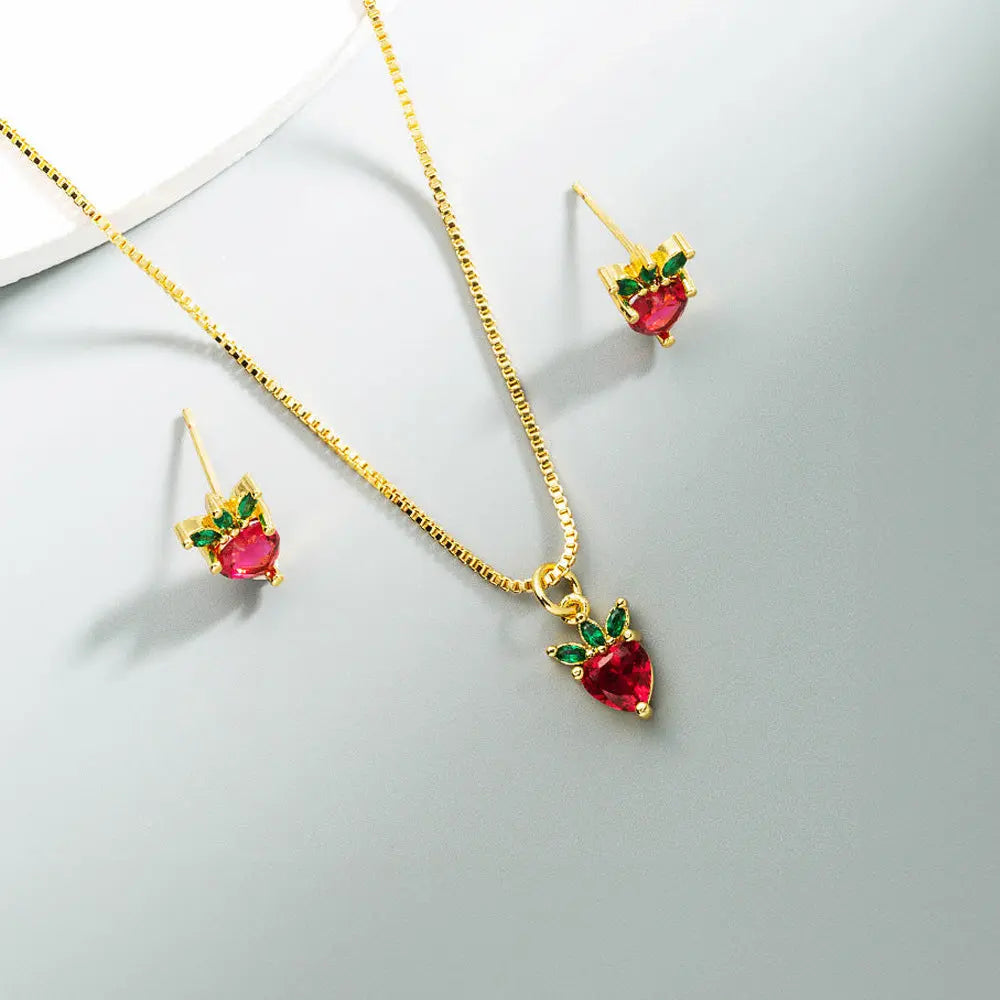 Strawberry & Pineapple Zircon Earrings and Necklace Fresh Fruit Gems Ritual