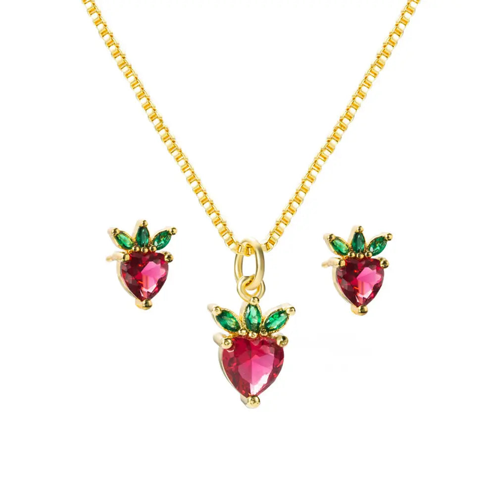 Strawberry & Pineapple Zircon Earrings and Necklace Fresh Fruit Gems Ritual