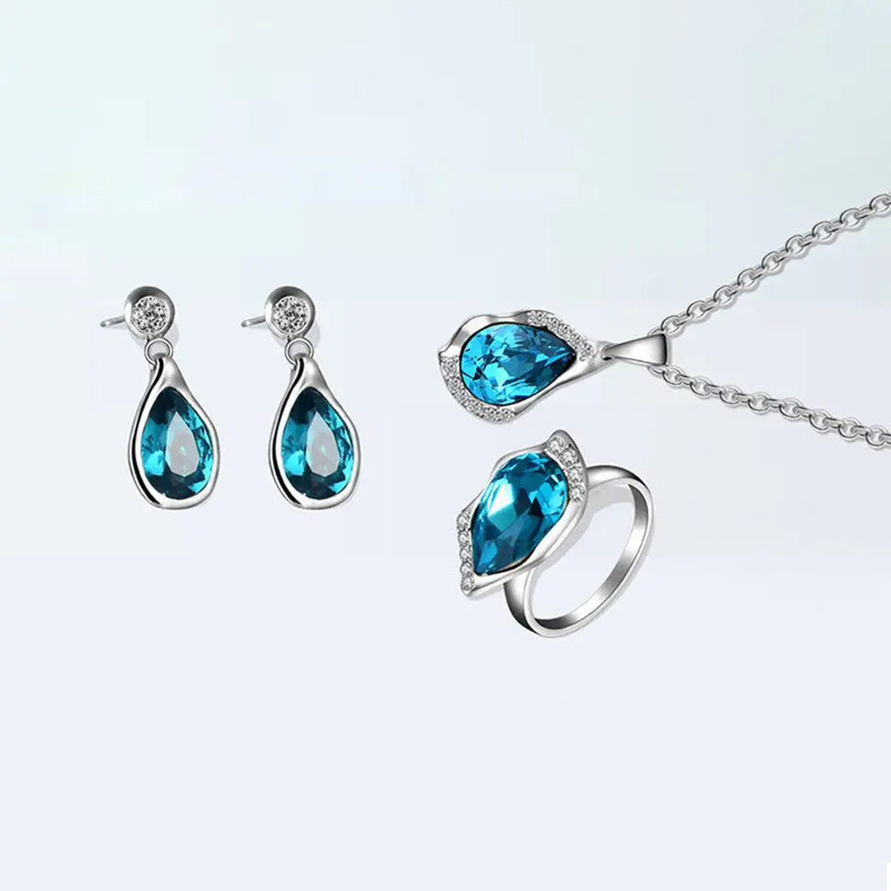 Elegant Teardrop Gemstone Pendant and Blue Zircon Earrings with Silver Necklace Gems Ritual