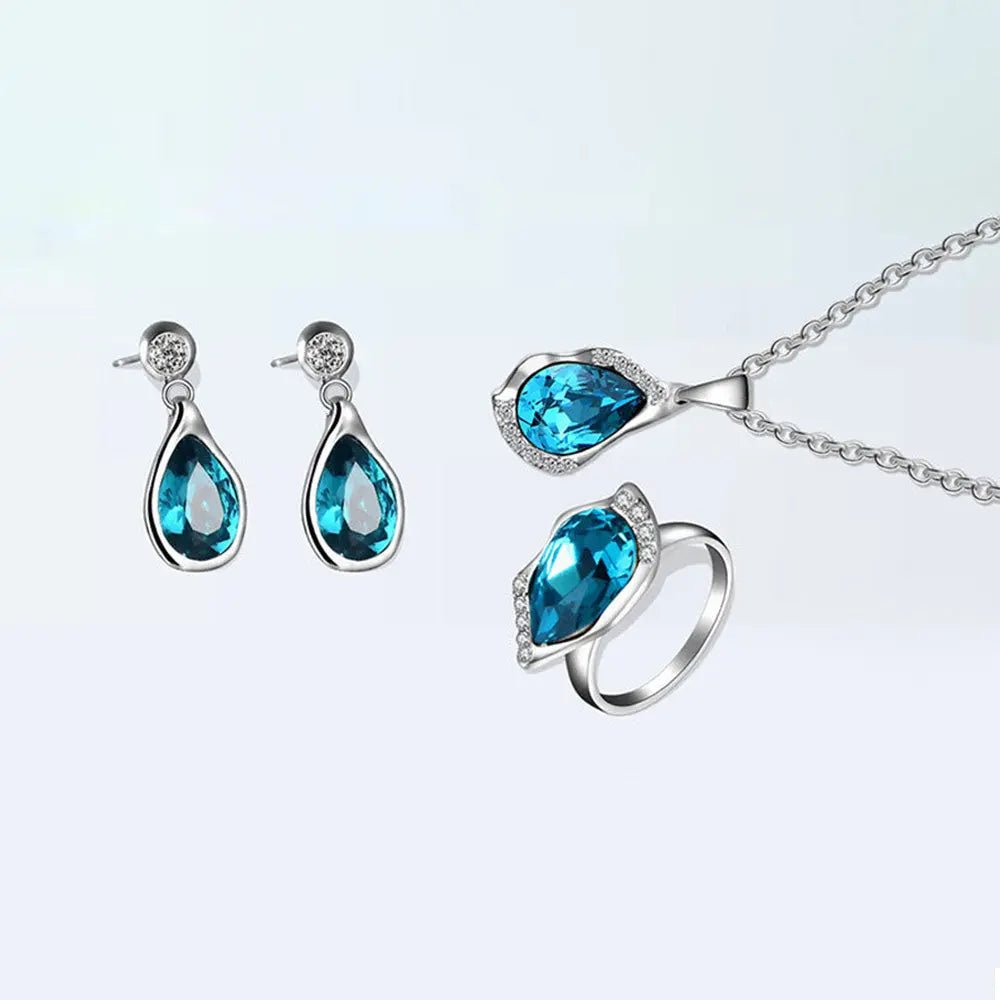 Teardrop Blue Zircon Jewelry – Earrings, Necklace and Ring Set - Gems Ritual
