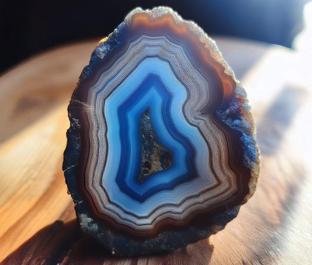 Agate crystal associated with the root chakra, symbolizing grounding, stability, and security, with hints of blue for throat chakra energy and communication.