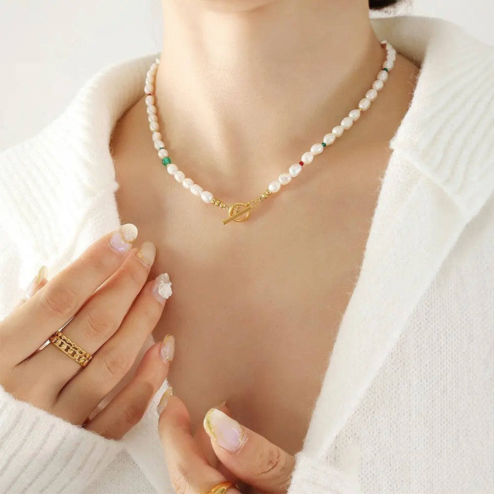 Minimalist Green Agate Necklace with Pearls - Gems Ritual
