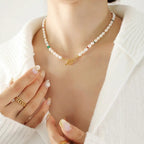 Minimalist Green Agate Necklace with Pearls - Gems Ritual