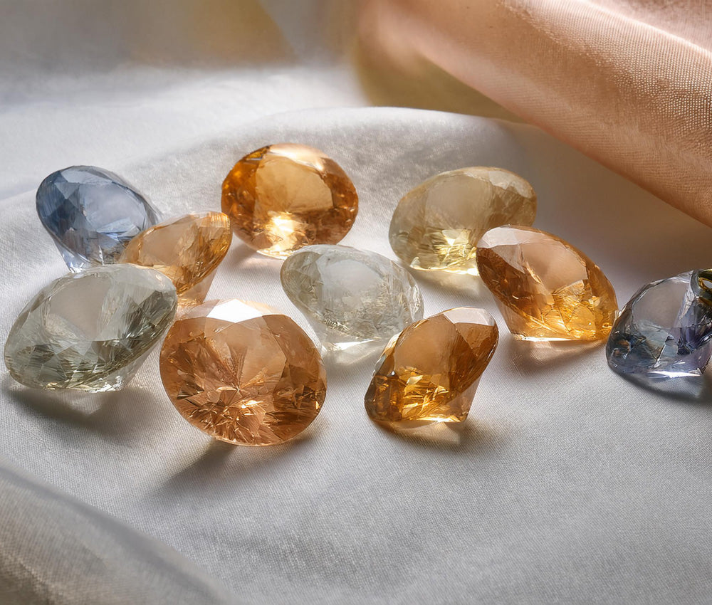 Topaz stones in vibrant hues on a neutral surface, symbolizing power, truth, and their historical significance in ancient cultures.