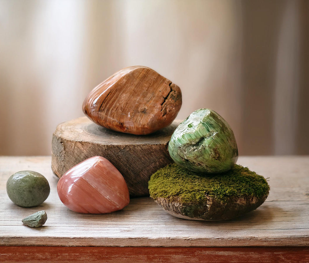 Unakite stones on an earthy surface, symbolizing balance, vision, and their historical connection to personal growth.