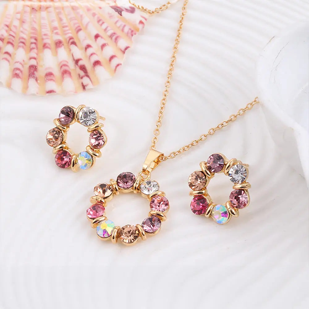 Dazzling European Style Jewelry Set with Colorful Crystal Pendant Necklace Gems Ritual