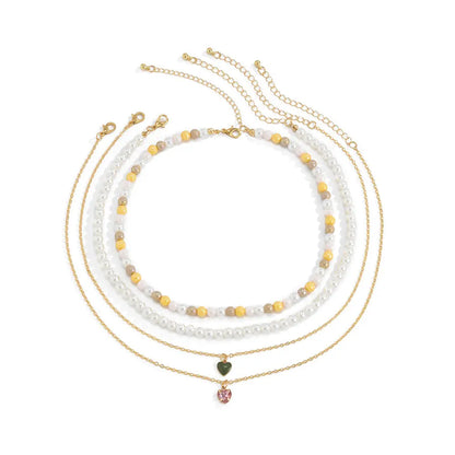 Dainty Pearl and Heart Pendant Multilayer Necklace Set Gems Ritual