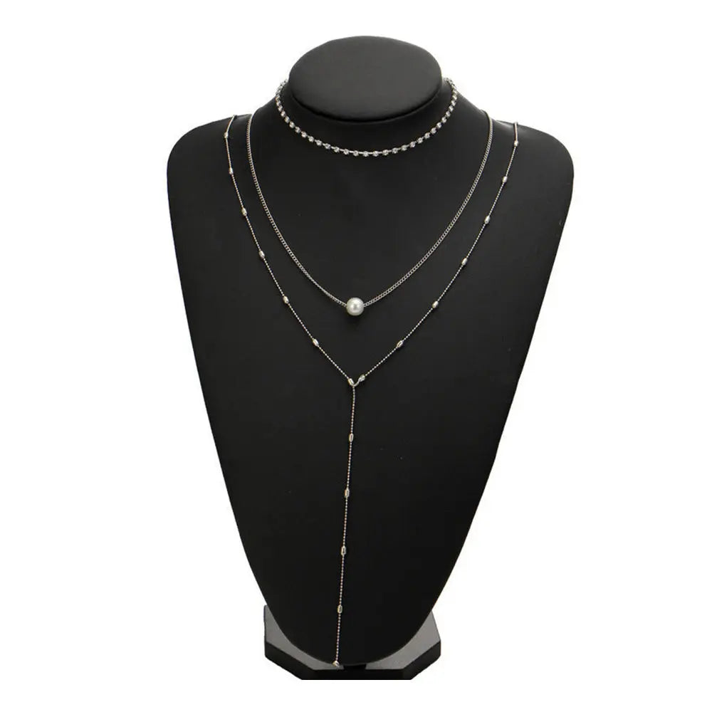 Minimalist Three-Layer Women's Necklace Set with Pearl and Crystal Pendant Gems Ritual