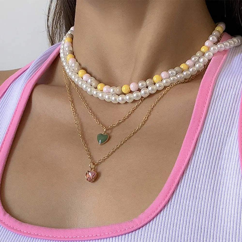 Dainty Pearl and Heart Pendant Multilayer Necklace Set Gems Ritual