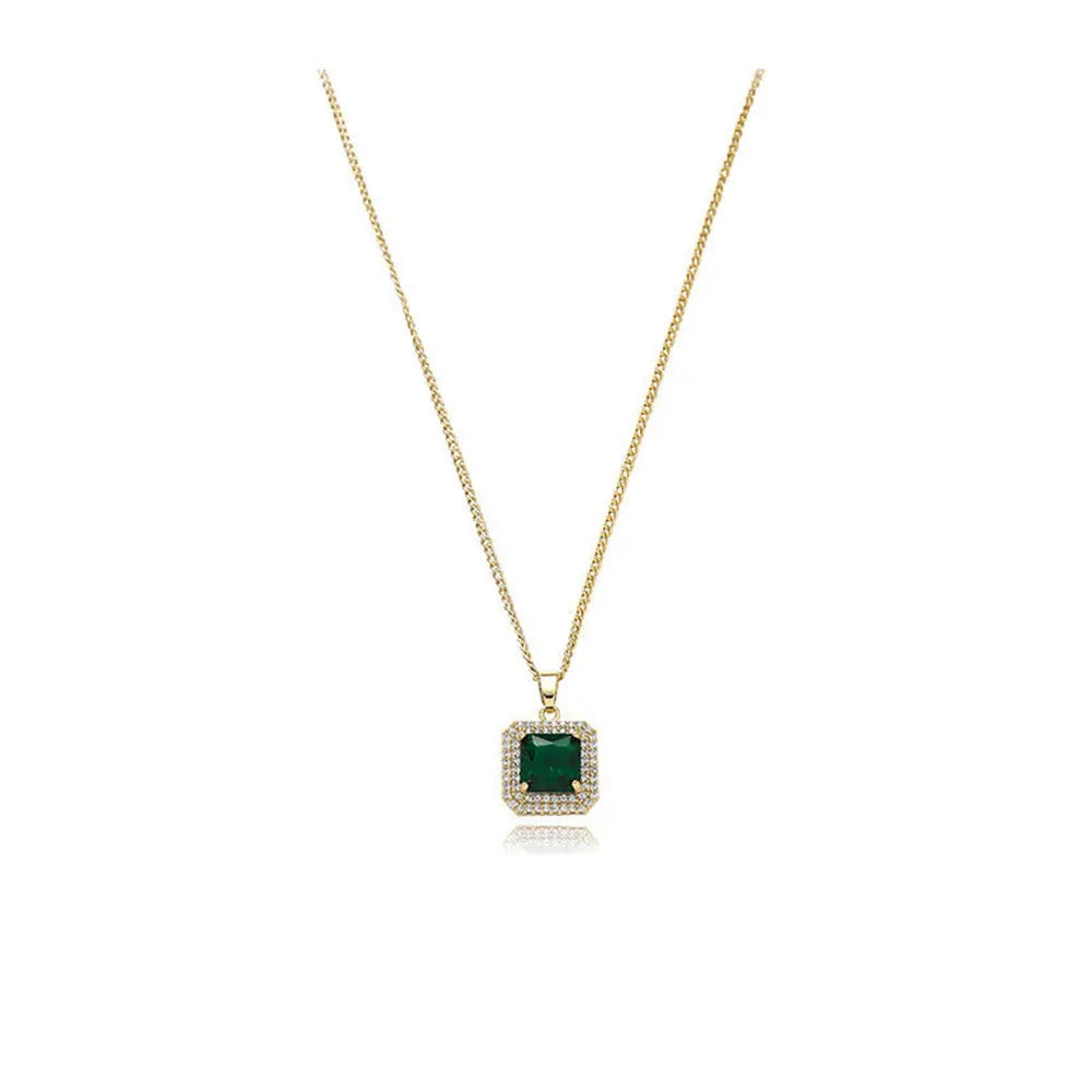 Luxurious Micro-Set Zircon Necklace with Geometric Green Stone Pendant Gems Ritual